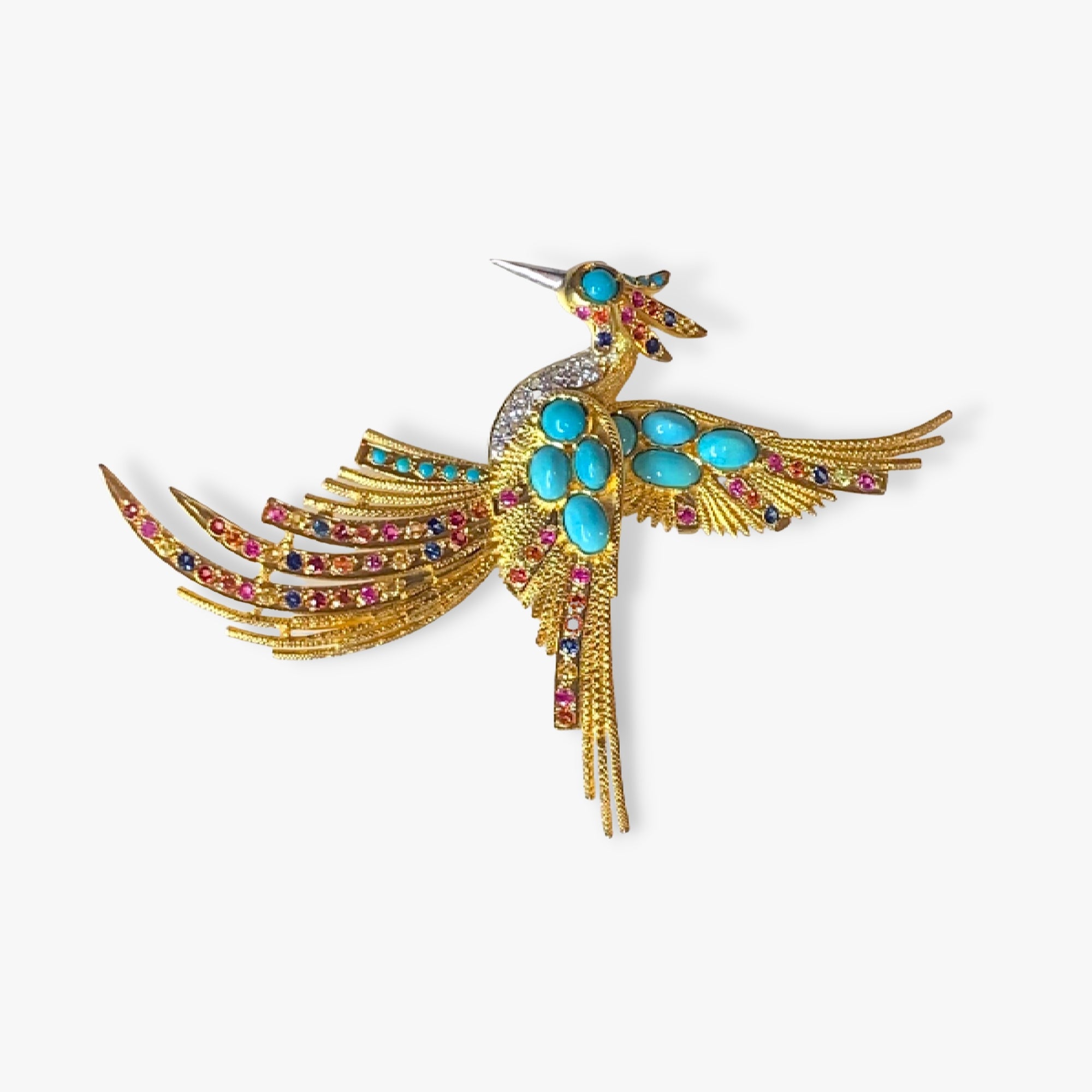 18k Yellow Gold Turquoise, Sapphire and Diamond Bird Brooch Side View