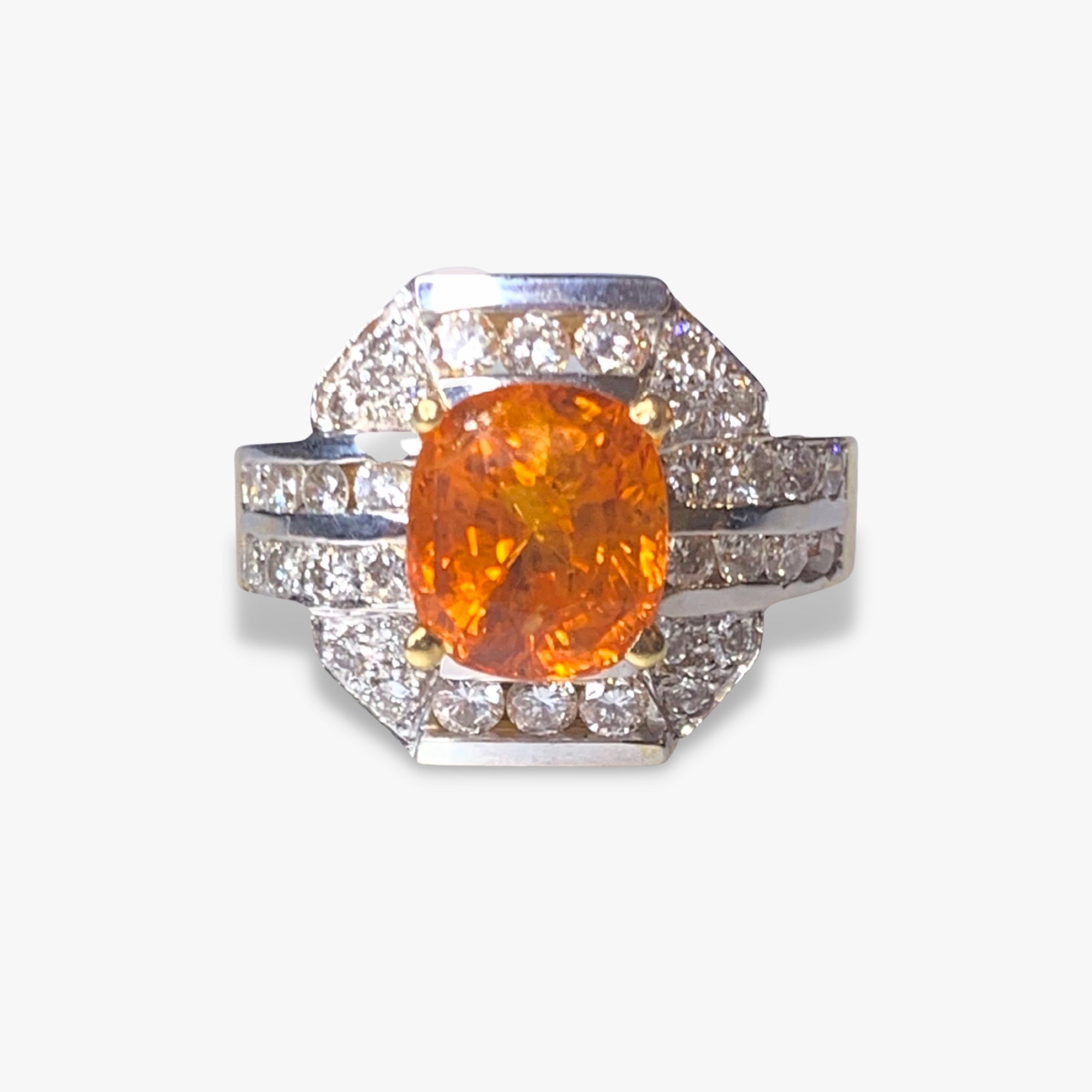18k Yellow and White Gold Orange Sapphire and Diamond Vintage Cluster Ring
