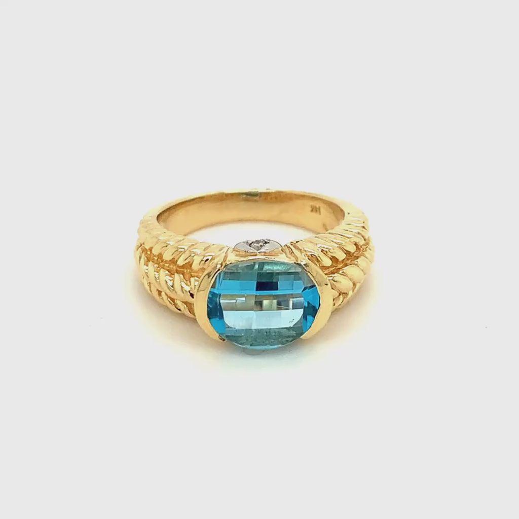 14k Yellow gold Oval Blue Topaz Vintage Signet Ring