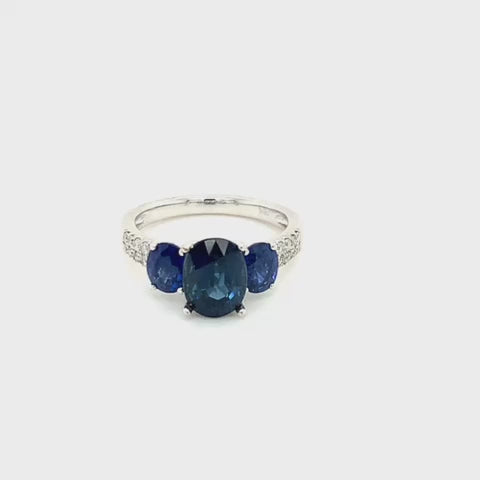 18k White Gold Blue Sapphire Diamond Pavé Three-Stone Ring