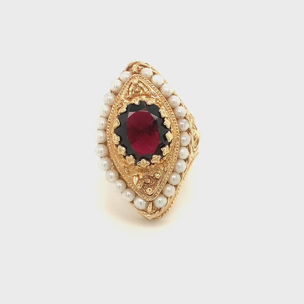 14k Yellow Gold Oval Garnet and Pearl Vintage Cocktail Ring