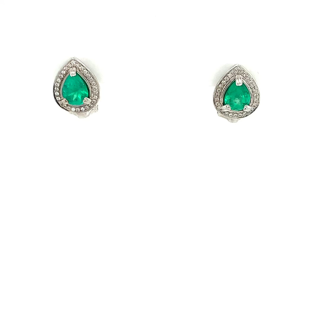 14k White Gold Pear-Shaped Emerald Diamond Halo Earrings