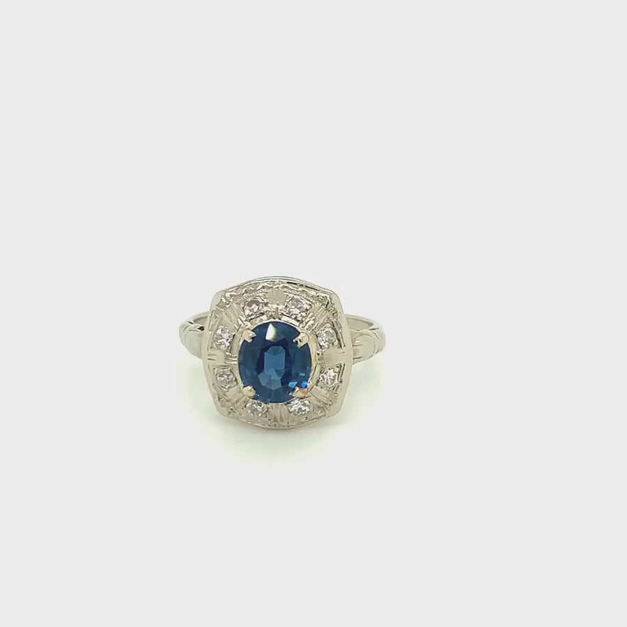 14k White Gold Round Blue and White Sapphire Vintage Ring