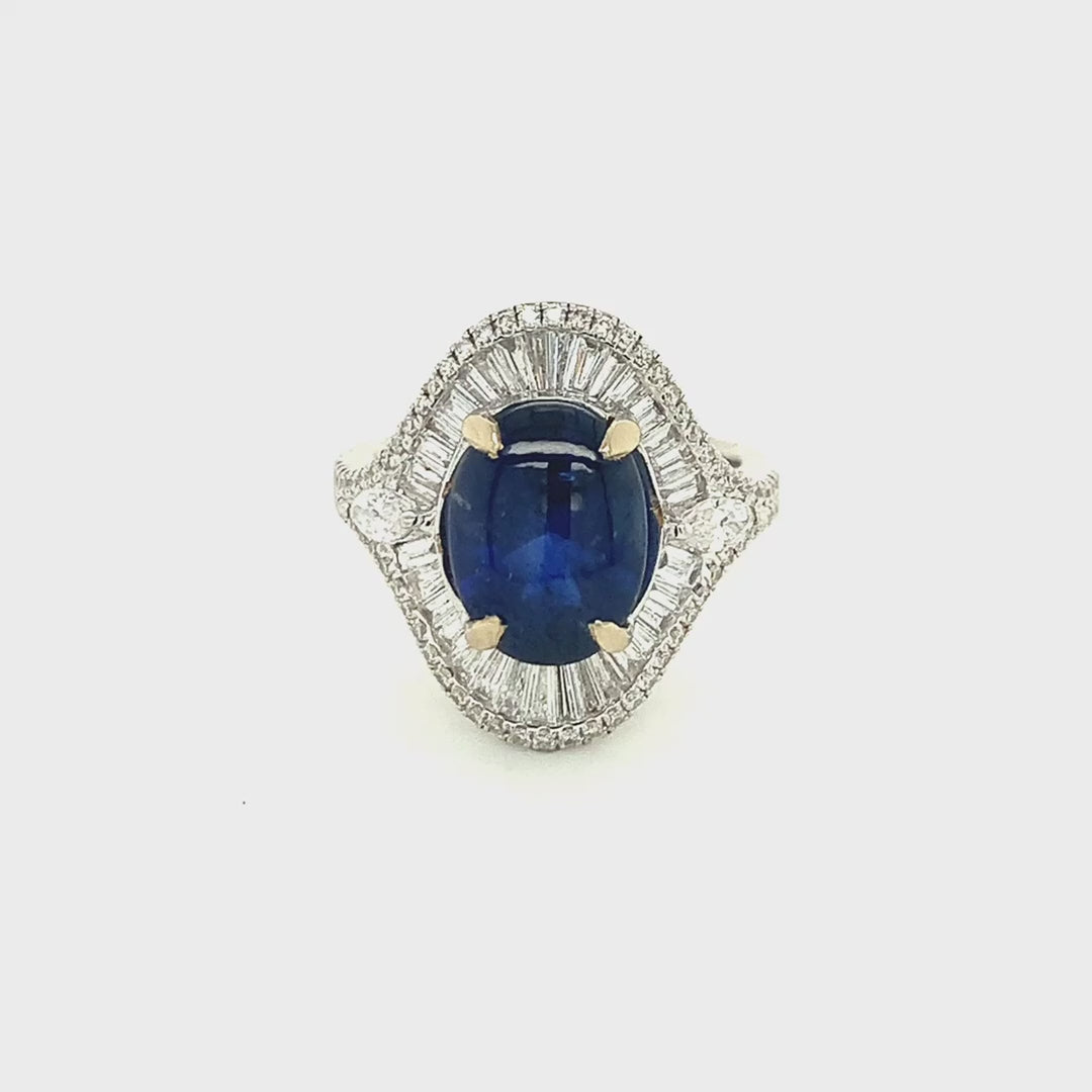 18k White Gold Cabochon Cut Blue Sapphire and Diamond Dome Cocktail Ring