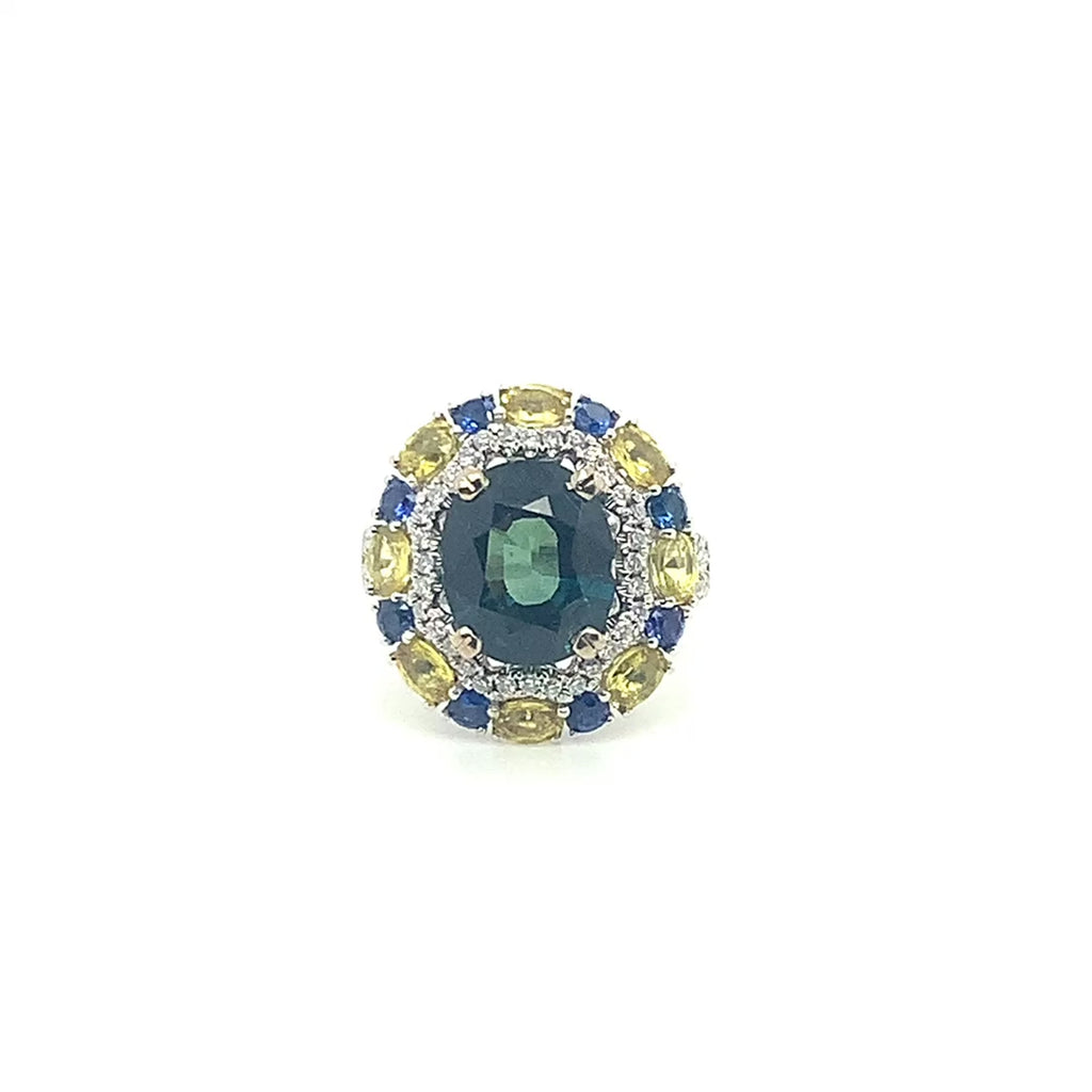 18k White Gold Teal, Blue and Yellow Sapphire Diamond Cocktail Ring