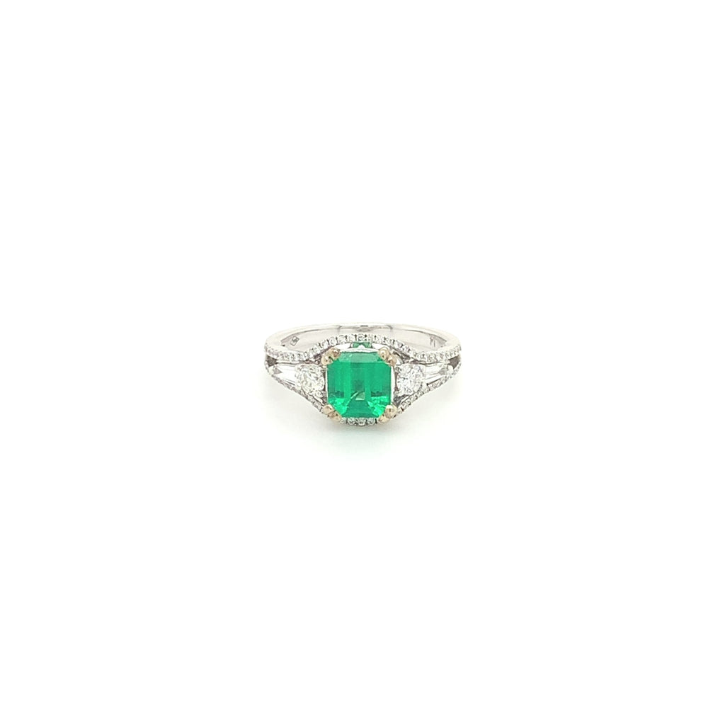18k White Gold Square Emerald and Diamond Split Shank Ring