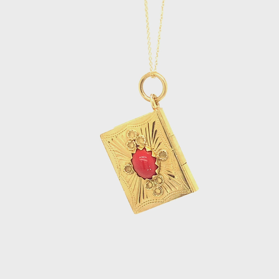 14k Yellow Gold Red Coral Vintage Book Pendant