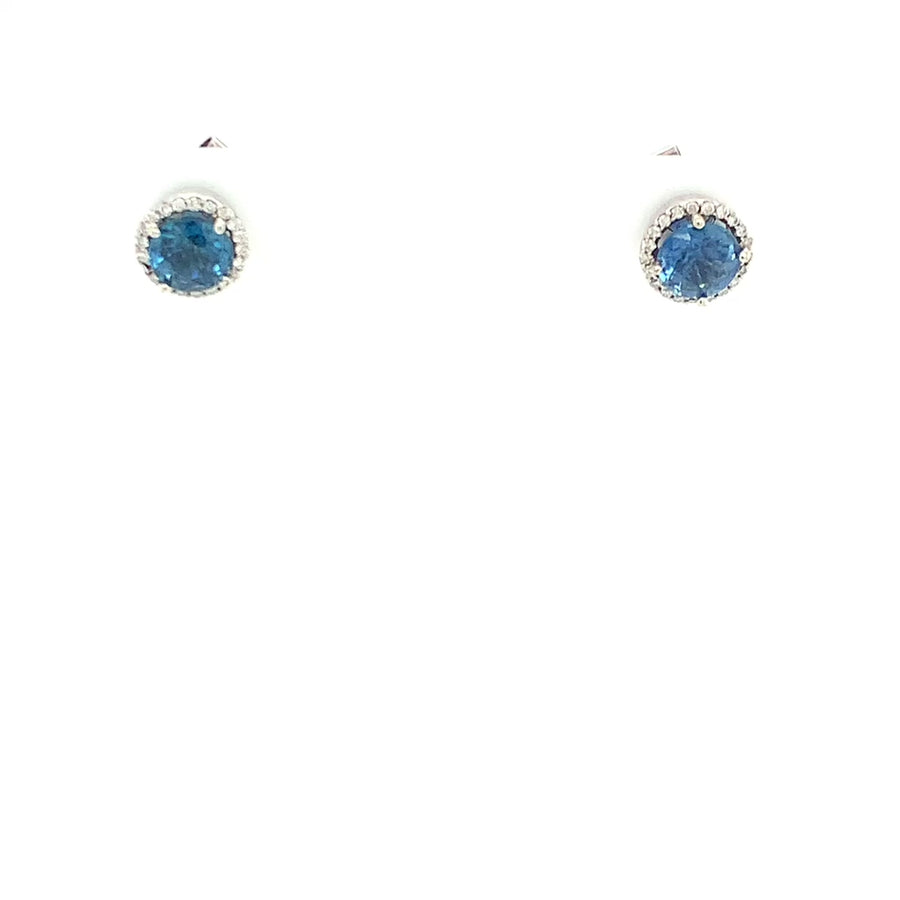 14k White Gold Round Blue Sapphire Diamond Halo Stud Earrings