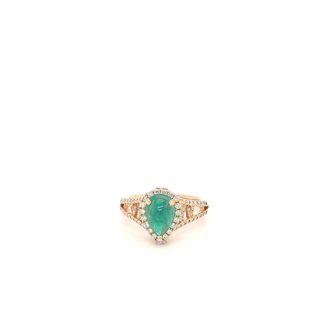 18k Rose Gold Pear-Shaped Cabochon Emerald Diamond Halo Ring