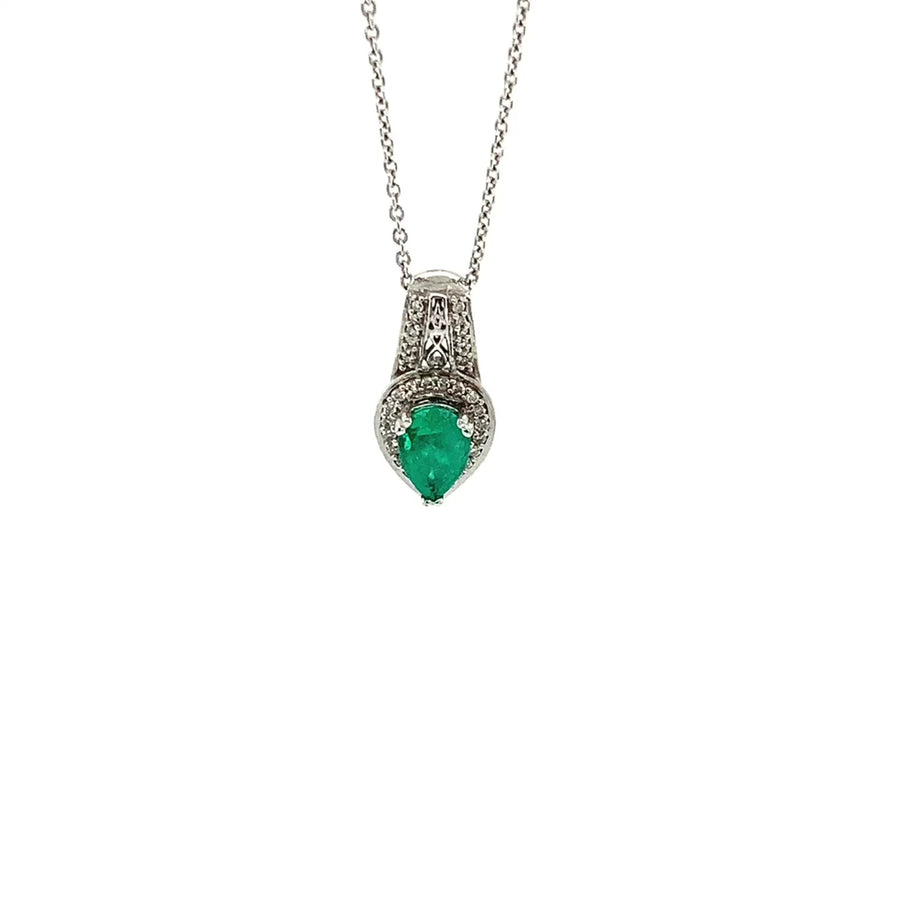 14k White Gold Pear-Shaped Emerald Diamond Pavé Pendant