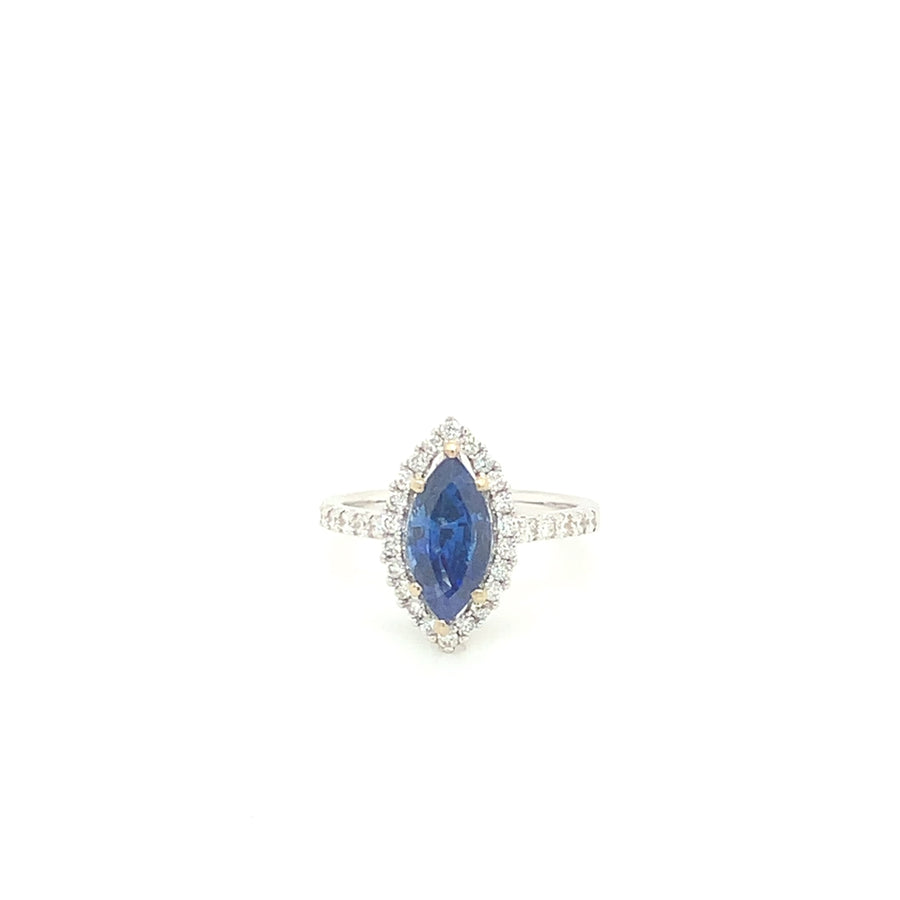 18k White Gold Marquise Cut Blue Sapphire Diamond Halo Ring