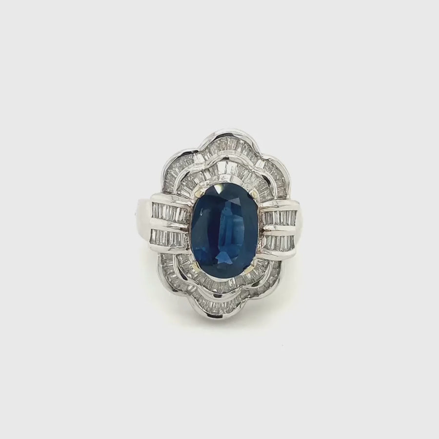 18k White Gold Oval Blue Sapphire and Baguette Diamond Vintage Ballerina Ring