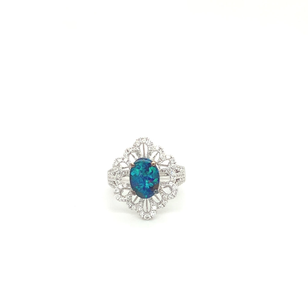 18k White Gold Black Opal Diamond Floral Ring