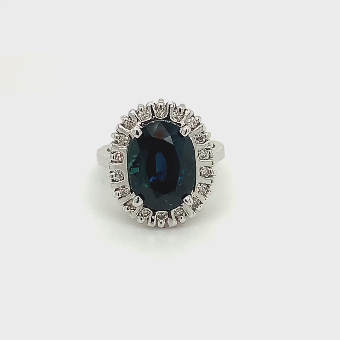 14k White Gold Oval Greenish-Blue Sapphire Diamond Halo Ring