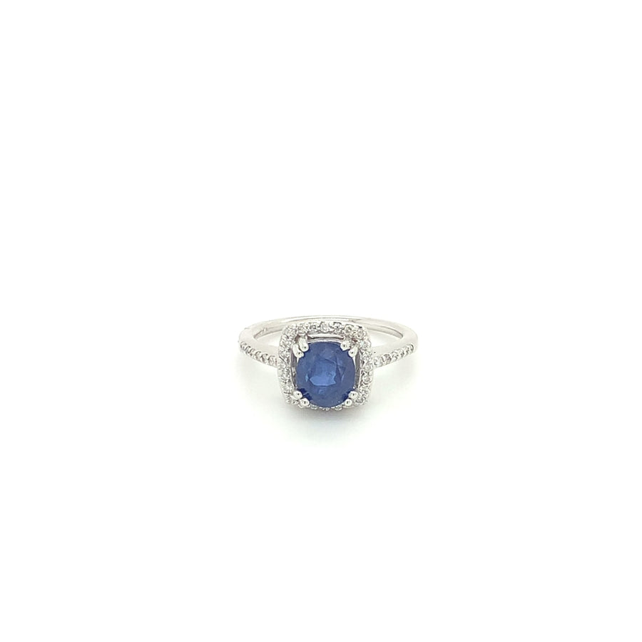 14k White Gold Round Blue Sapphire Diamond Halo Ring