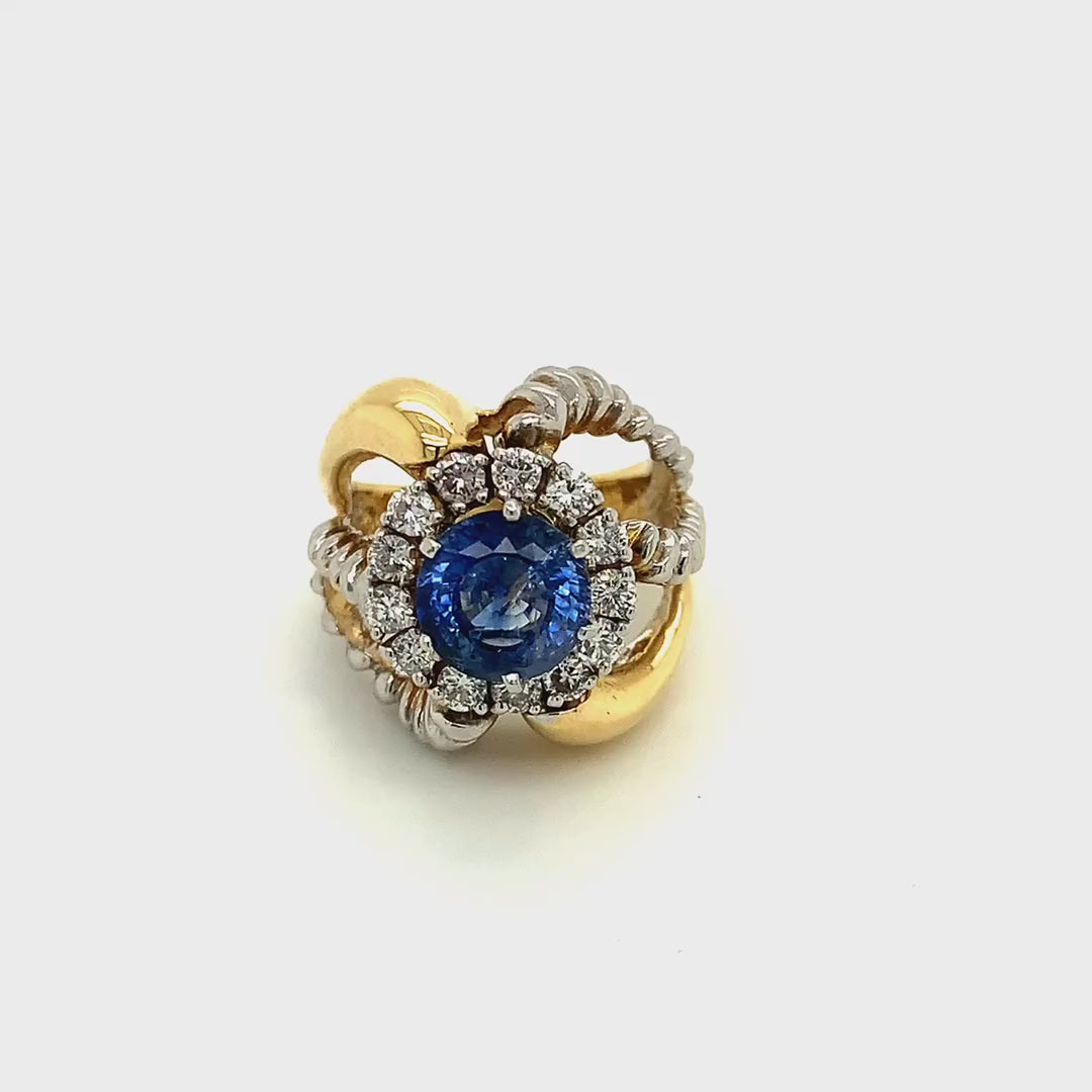 18k Yellow Gold Blue Sapphire and Diamond Two-Toned Gold Vintage Ring