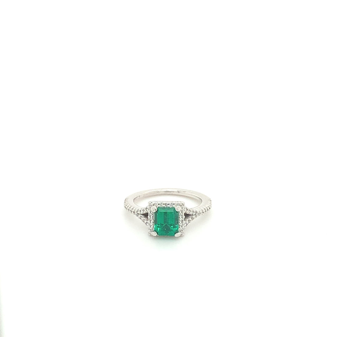 14K White Gold Emerald Diamond Halo Split Shank Ring