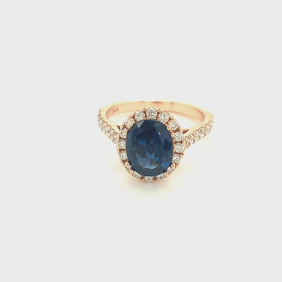 14K Rose Gold Oval Blue Sapphire Diamond Halo Ring