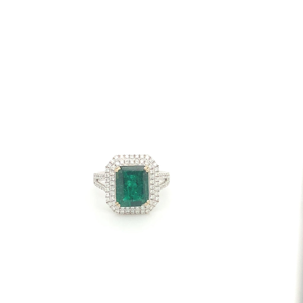 18k White Gold Emerald Diamond Double Halo Split Shank Ring