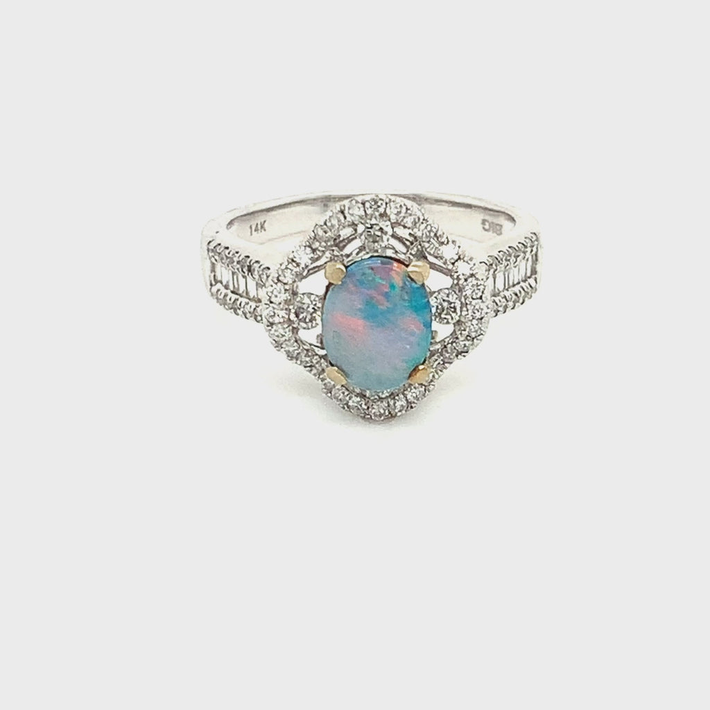 14k White Gold Cabochon White Opal and Diamond Clover Ring