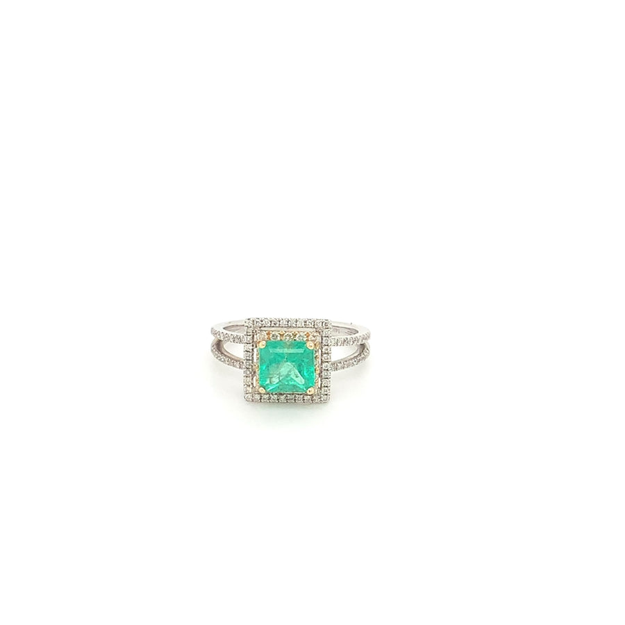 14K White Gold Emerald Diamond Double Halo Split Shank Ring