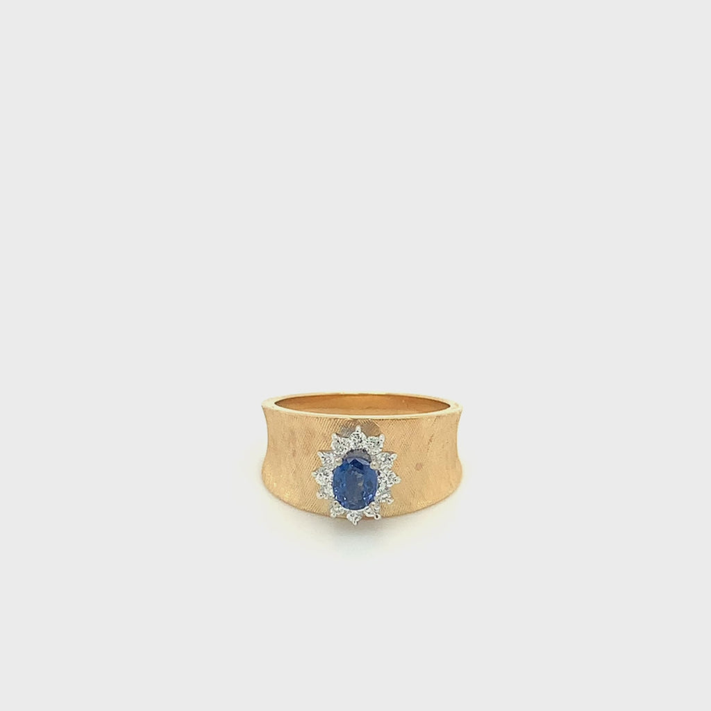 14k Yellow Gold Blue Sapphire and Diamond Wide Band Vintage Ring