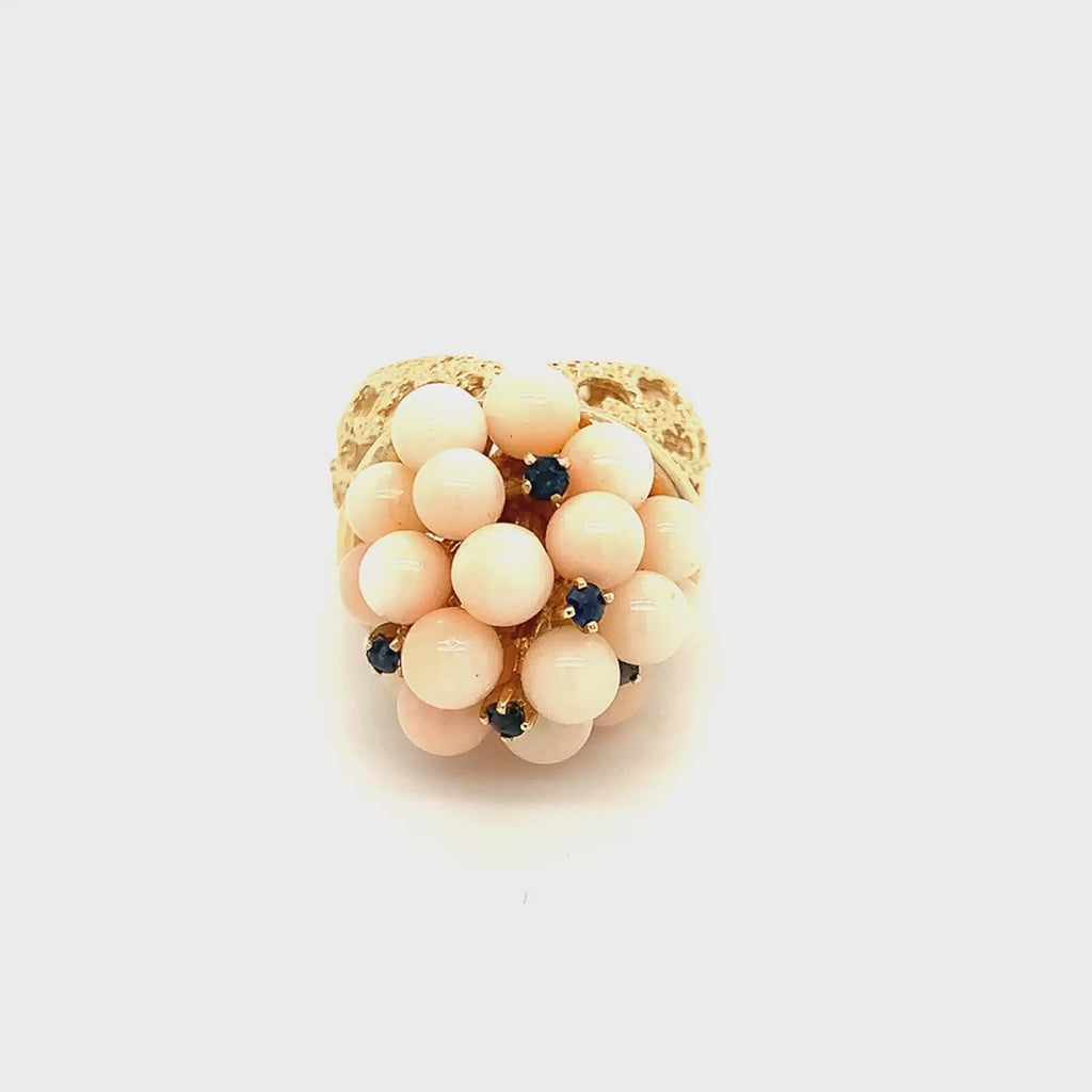 14k Yellow Gold Coral and Blue Sapphire Vintage Cluster Ring