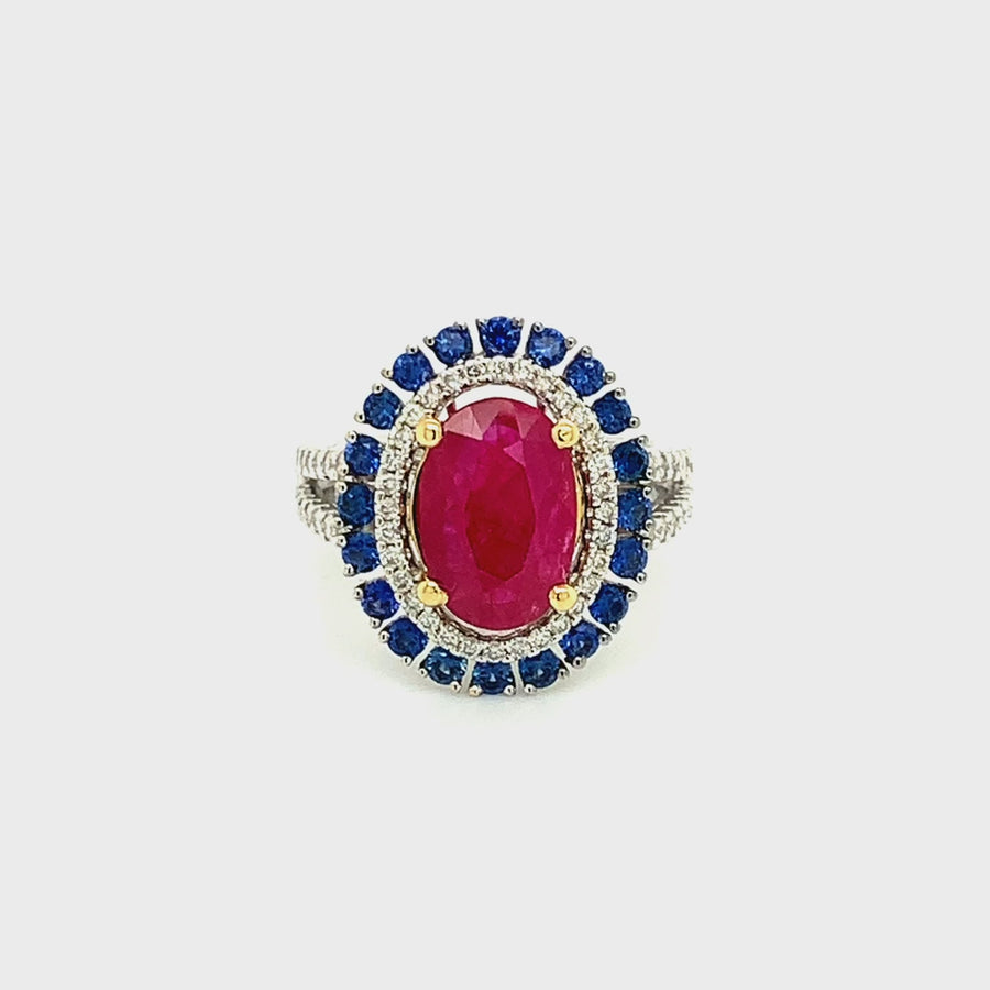 18k White Gold Oval Ruby Blue Sapphire and Diamond Halo Ring