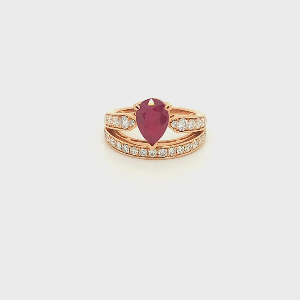 18k Rose Gold Pear-Shaped Ruby and Diamond Split Shank Ring