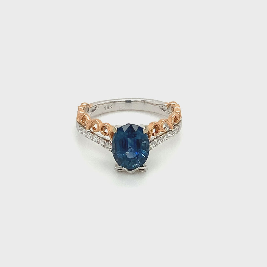 18k Rose and White Gold Oval Blue Sapphire Diamond Split Shank Vintage Ring