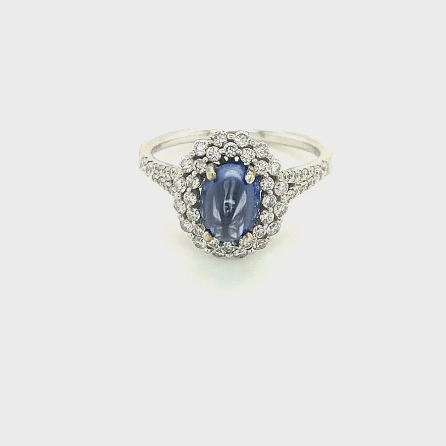 18k White Gold Cabochon Blue Sapphire Diamond Double Halo Ring