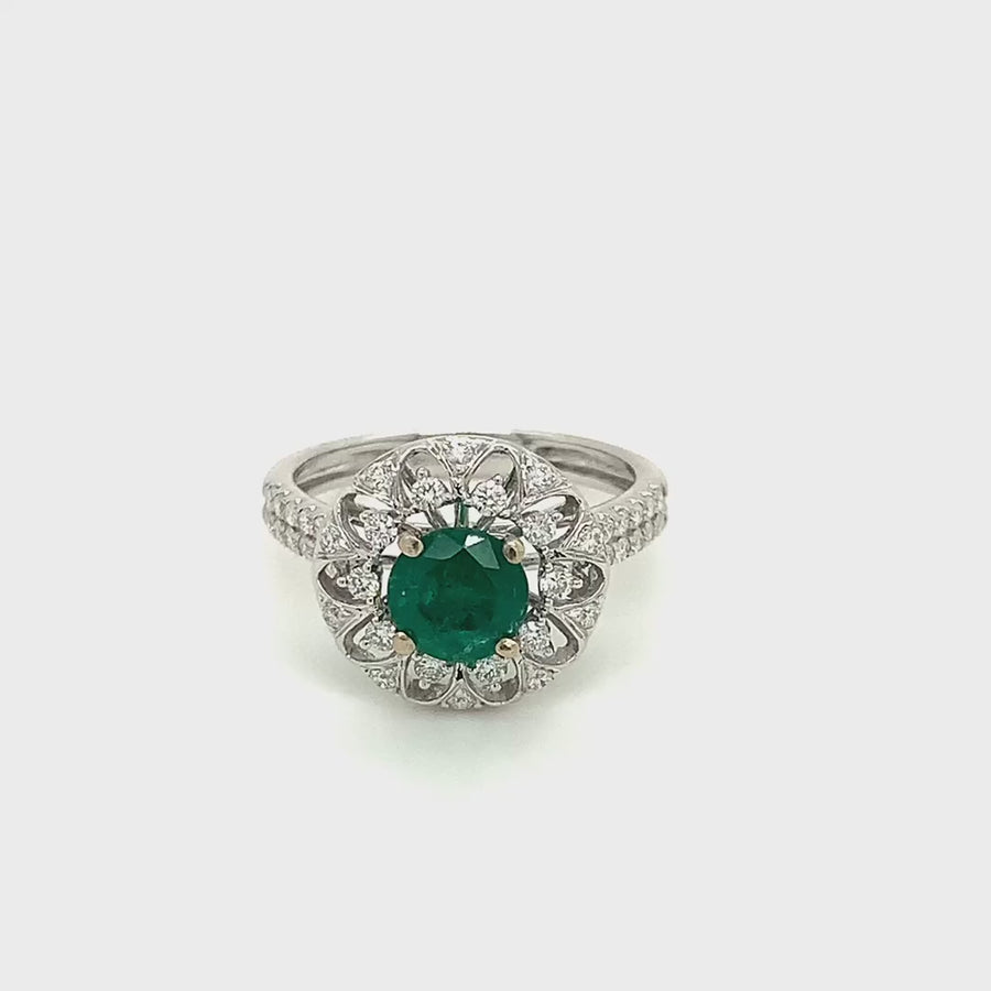 18k White Gold Round Emerald Diamond Floral Cocktail Ring