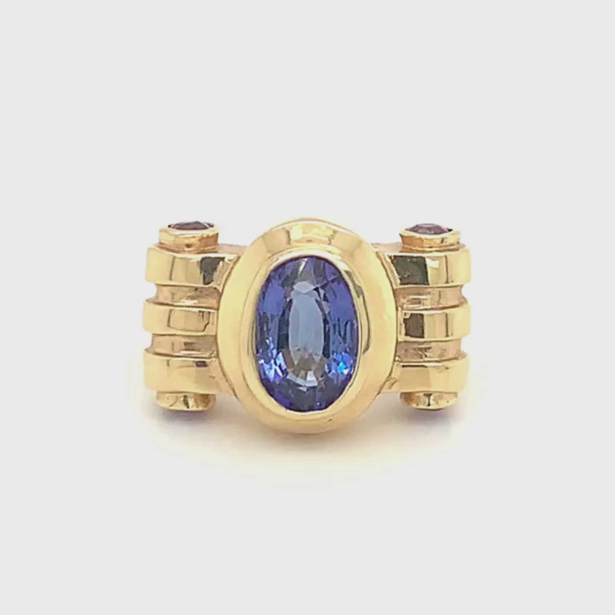 14k Yellow Gold Oval and Round Tanzanite Vintage Bezel Ring