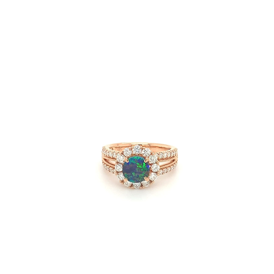 18k Rose Gold Black Opal Diamond Cluster Vintage Ring