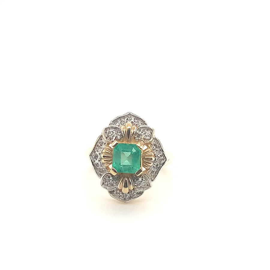 14k Yellow Gold Square Emerald and Diamond Vintage Cocktail Ring