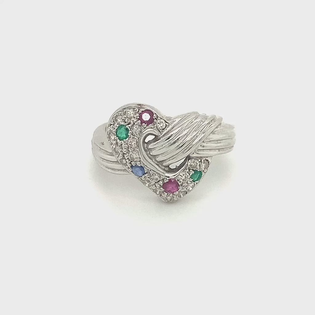 18k White Gold Emerald, Ruby, Sapphire and Diamond Heart Ring