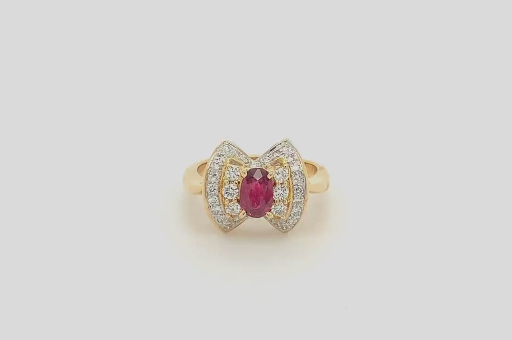 18k Yellow Gold Oval Ruby and Round Diamond Vintage Cluster Ring